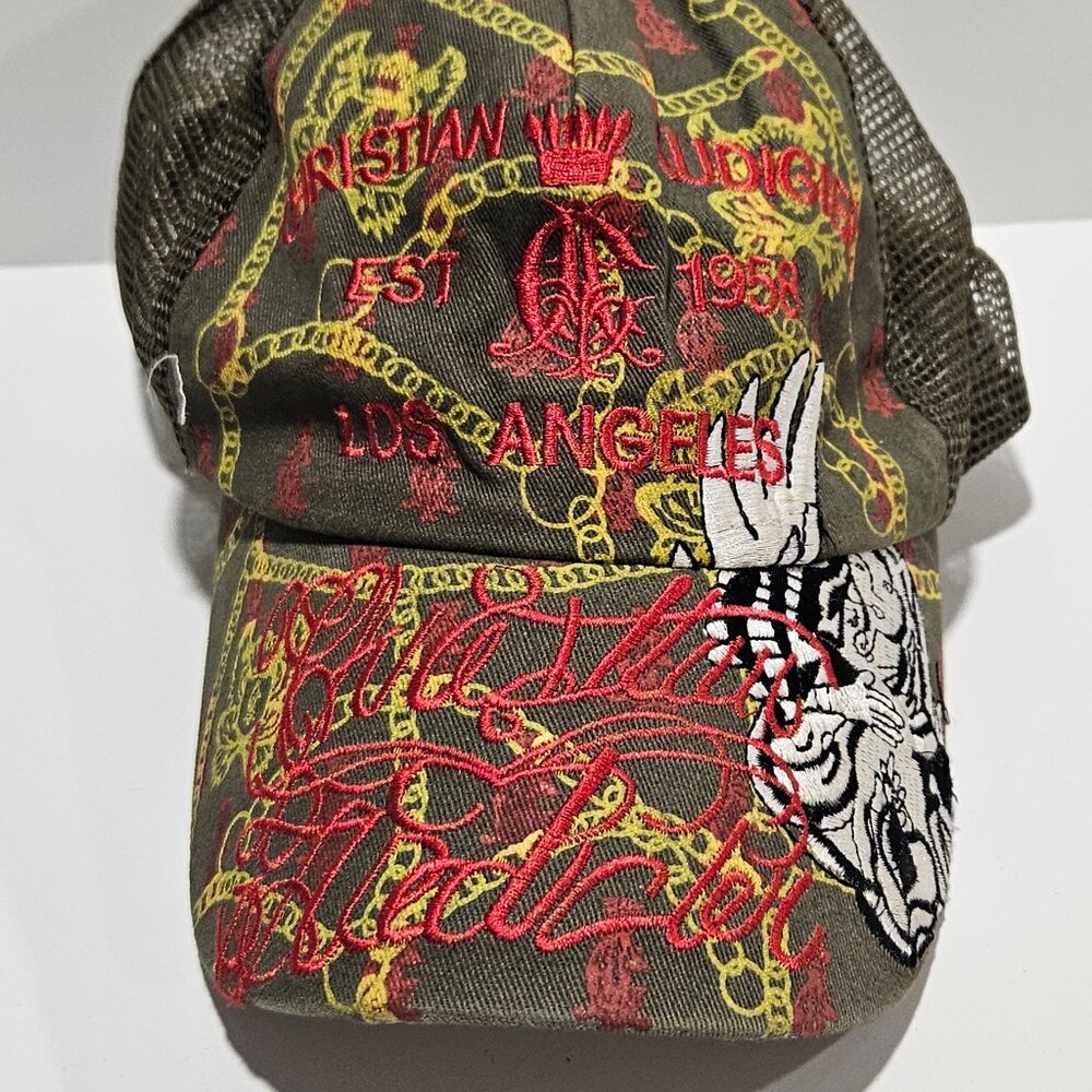 Christian Audigier LA Chain Script Tiger Trucker Hat Olive Mesh Snapback